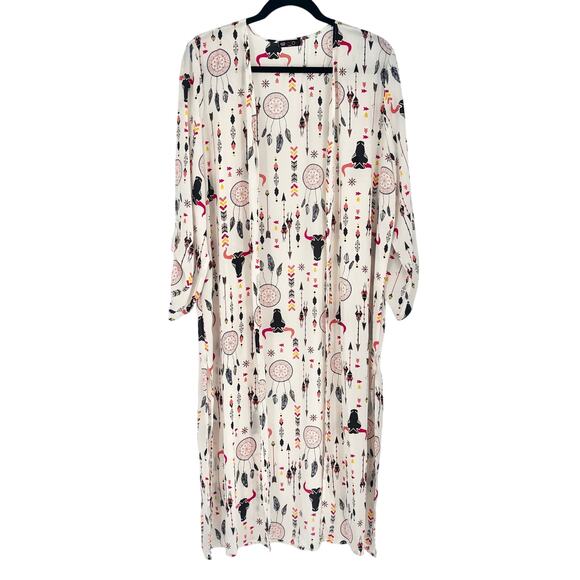 Vision Boho Dreamcatcher Arrow Bull Kimono Open Front Long Cardigan Size M - Picture 2 of 5
